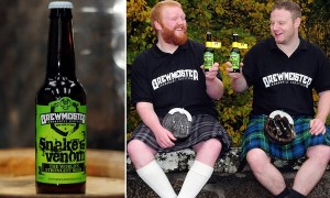 Brewmeister Brewery's new beer, the £50 per bottle 'Snake Venom', which at 67.5 % is the strongest in the world and comes with a warning. It is the second time in a year Brewmeister, based in Keith, Moray,has broken the record for world's strongest beer. See Northscot story 'STRONGEST BEER'' 23/10/2013