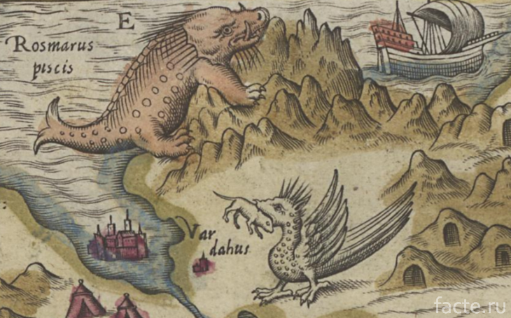Морские и сухопутные монстры на карте Олафа Магнуса